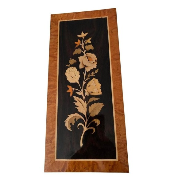 Other - Vintage Italian Marquetry Wood Inlay Floral Wall Art Plaque Burl Wood Frame14.5"
